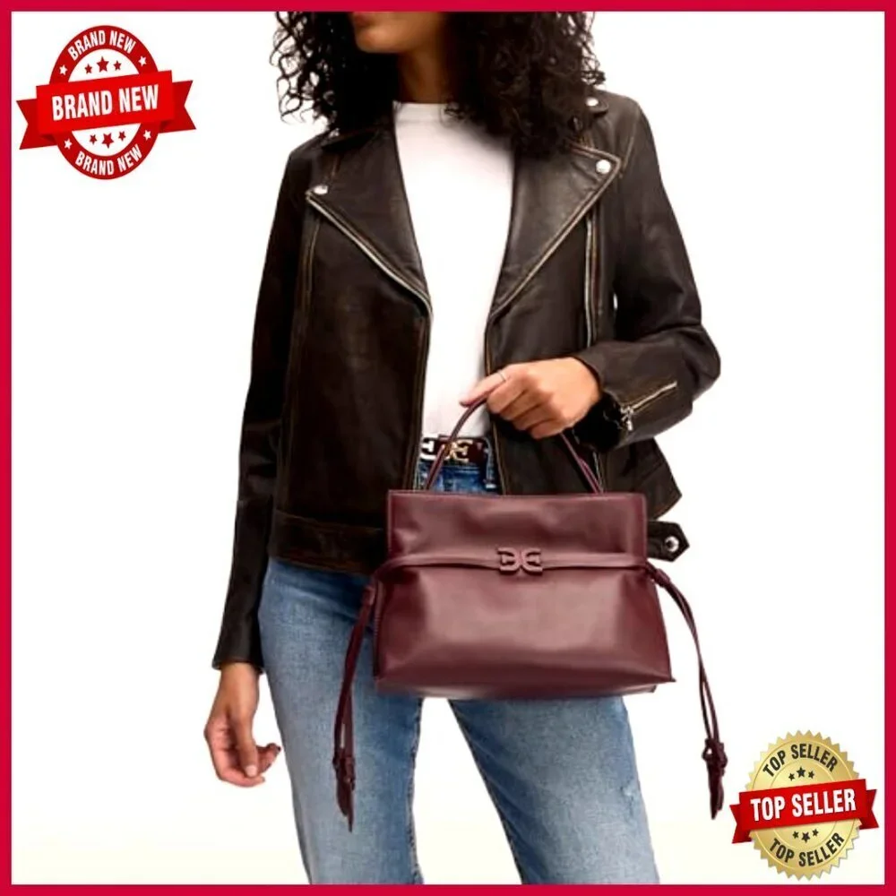 Small Leather Drawstring Crossbody Tote with Adjustable Strap